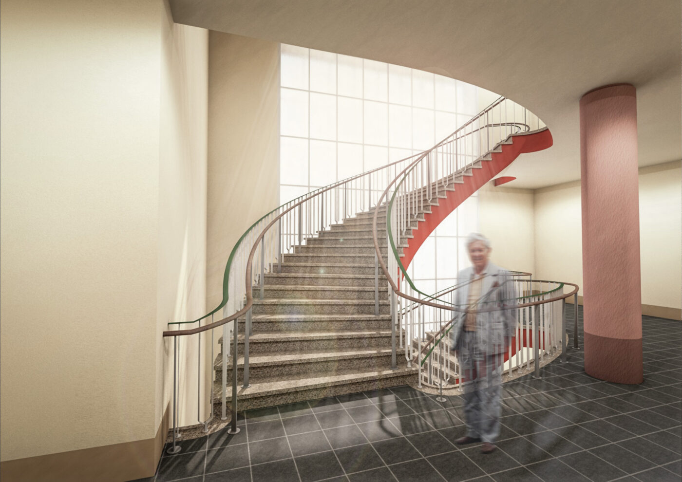 Innenraumperspektive der Haupttreppe im Erich-Rammler-Baus. Die steinerne Treppe ist geschwungenen und liegt vor einem Raumhohen Fenster. Der Raum wirkt offen und hell.