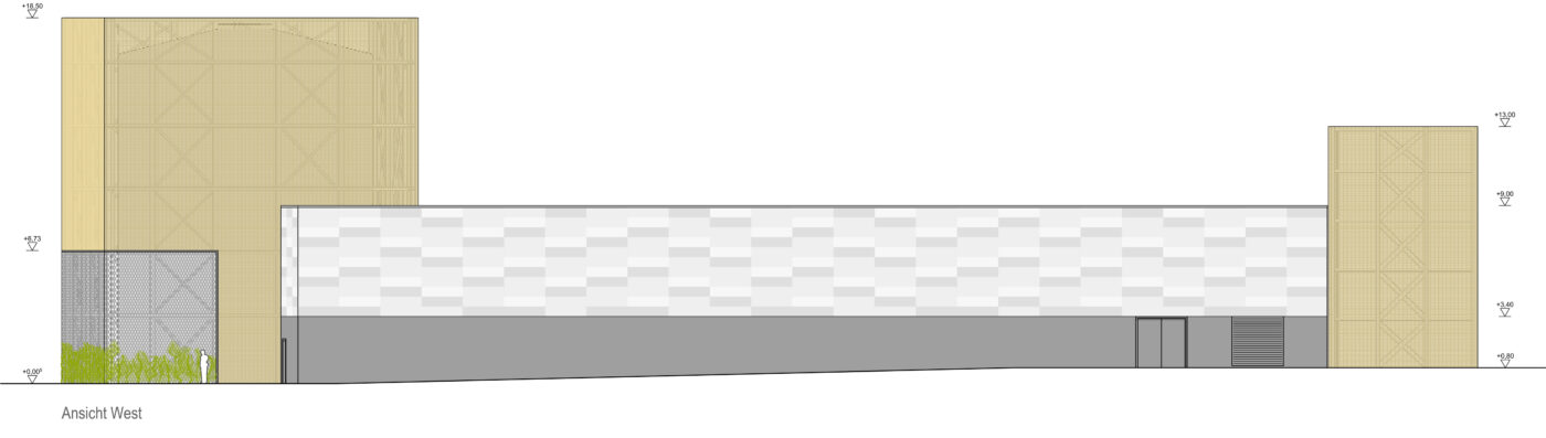 Gezeichnete Ansicht des Neubaus der Technikzentrale. Die Fassade besteht aus goldenen und grau-weißen Elementen.