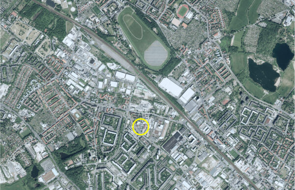 Satellitenbild von Dresden-Prohlis mit Markierung des Entwurfsgebietes für das neue Polizeirevier Dresden-Süd